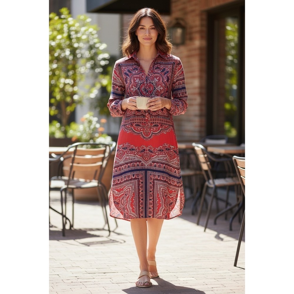 Antonio Melani Shirt Dress Women Red Paisley Medallion Long Sleeve Shift 2